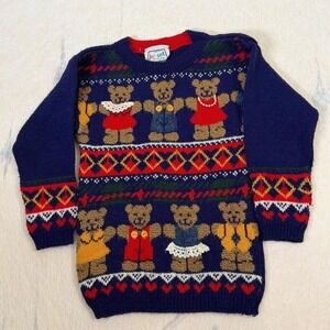 Vintage Jet Set Teddy Bear Sweater Kids 4/5 Ugly Christmas Knit USA‎
